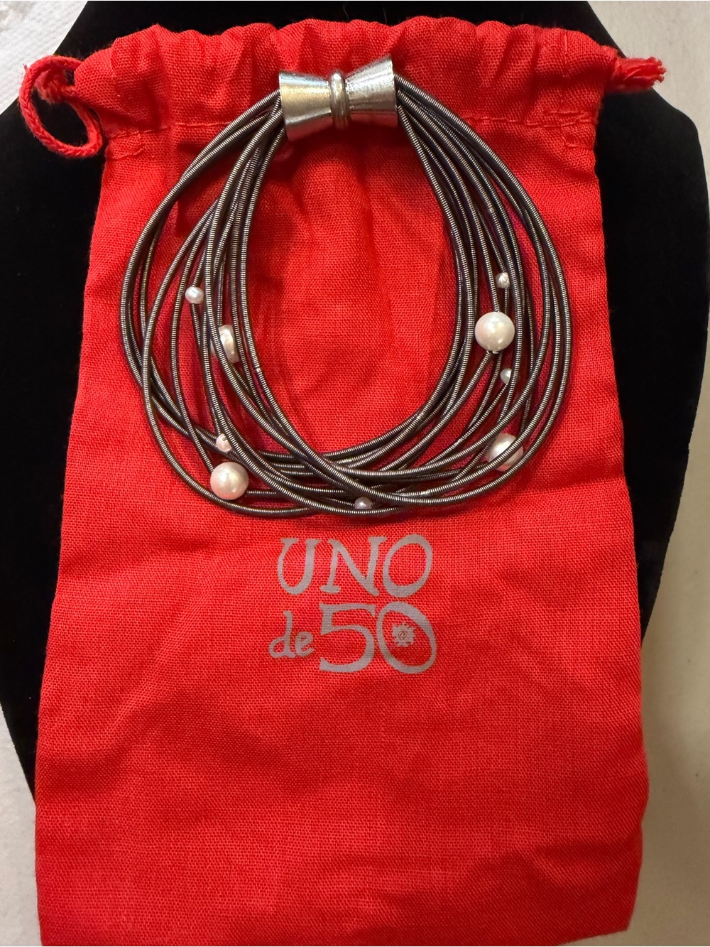 UNO de 50 Black and Silver Multi-Strand Bracelet with Pearl Beads